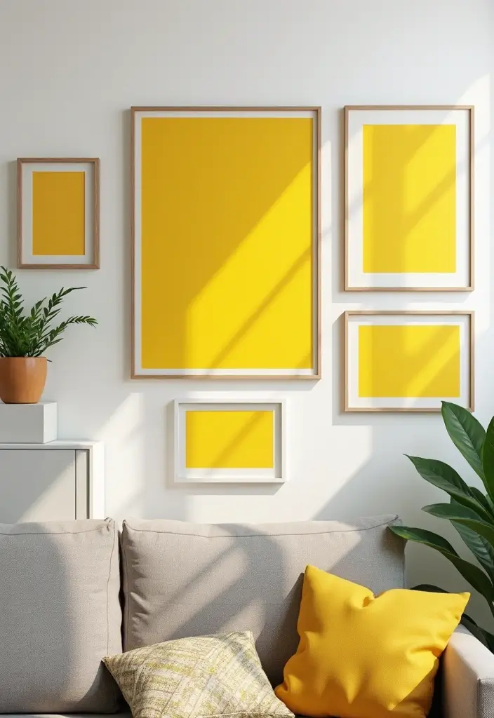 27 Living Rooms With Yellow Accents That Feel Bright and Cheerful - 5. Cheerful Yellow Wall Art