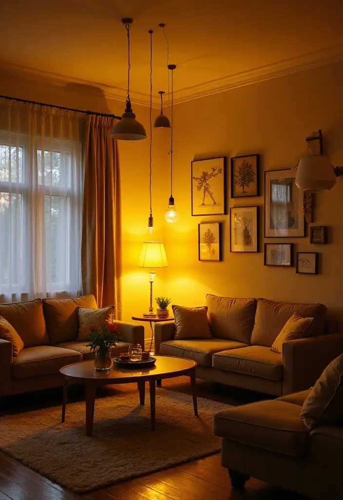 27 Living Rooms With Yellow Accents That Feel Bright and Cheerful - 8. Yellow Accent Lighting