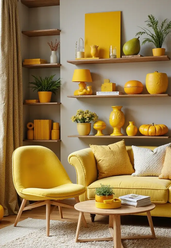 27 Living Rooms With Yellow Accents That Feel Bright and Cheerful - 9. Yellow Accessories and Decor