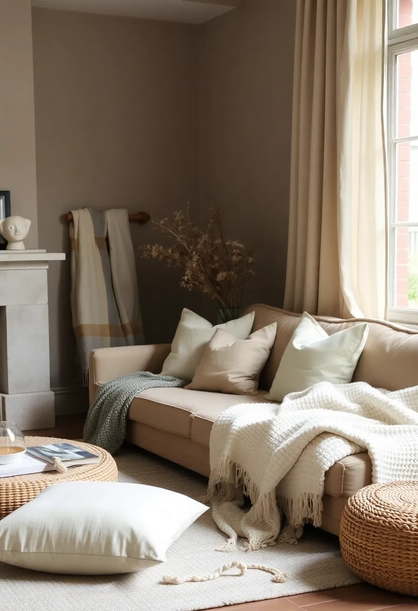 27 Organic Neutral Living Room Ideas That Feel Calm and Minimal - 19. Layered Textiles
