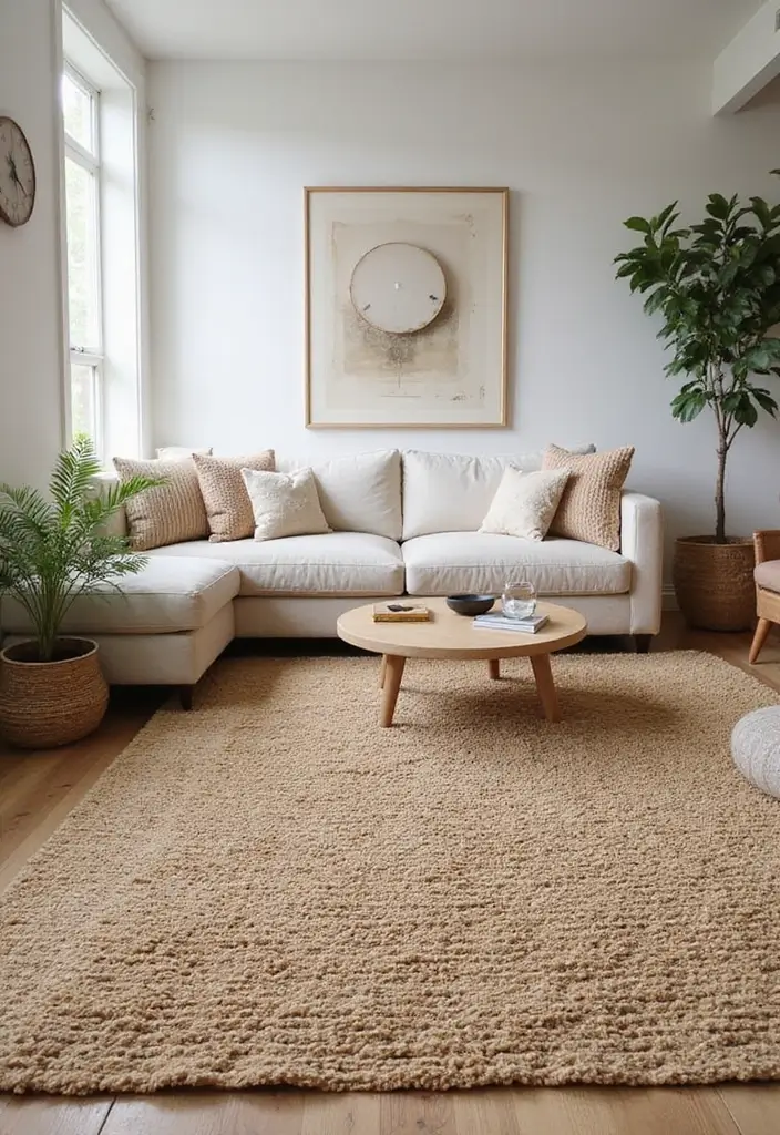 27 Organic Neutral Living Room Ideas That Feel Calm and Minimal - 8. Earthy Textured Rugs
