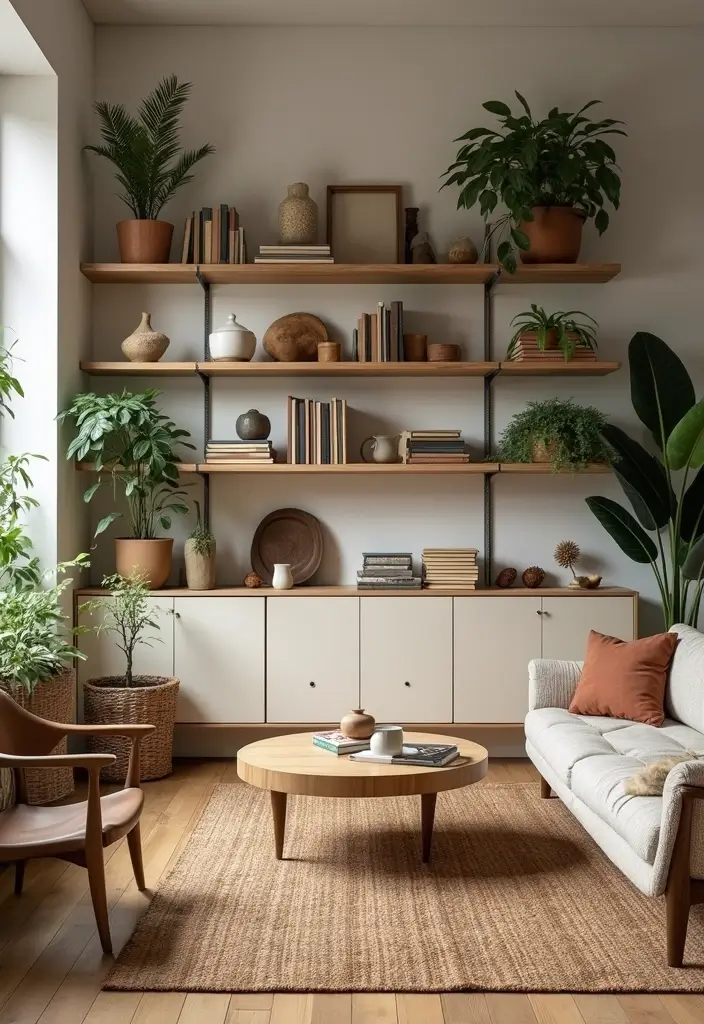 27 Southwest Living Room Decor Ideas That Feel Warm and Rustic - 15. Open Shelving Displays