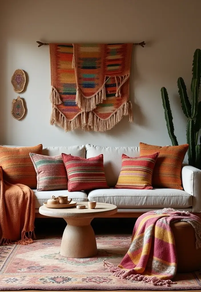 27 Southwest Living Room Decor Ideas That Feel Warm and Rustic - 24. Southwestern Textiles