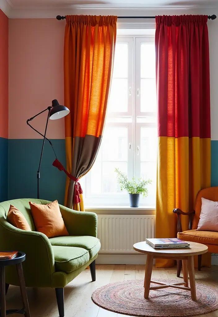 27 Velvet Curtains Living Room Ideas That Feel Luxurious and Cozy - 15. Bold Color Blocking