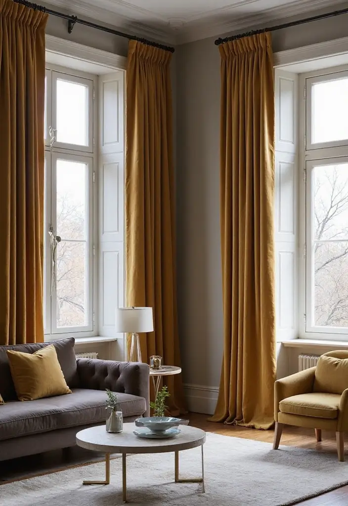 27 Velvet Curtains Living Room Ideas That Feel Luxurious and Cozy - 23. Curtain Length Choices