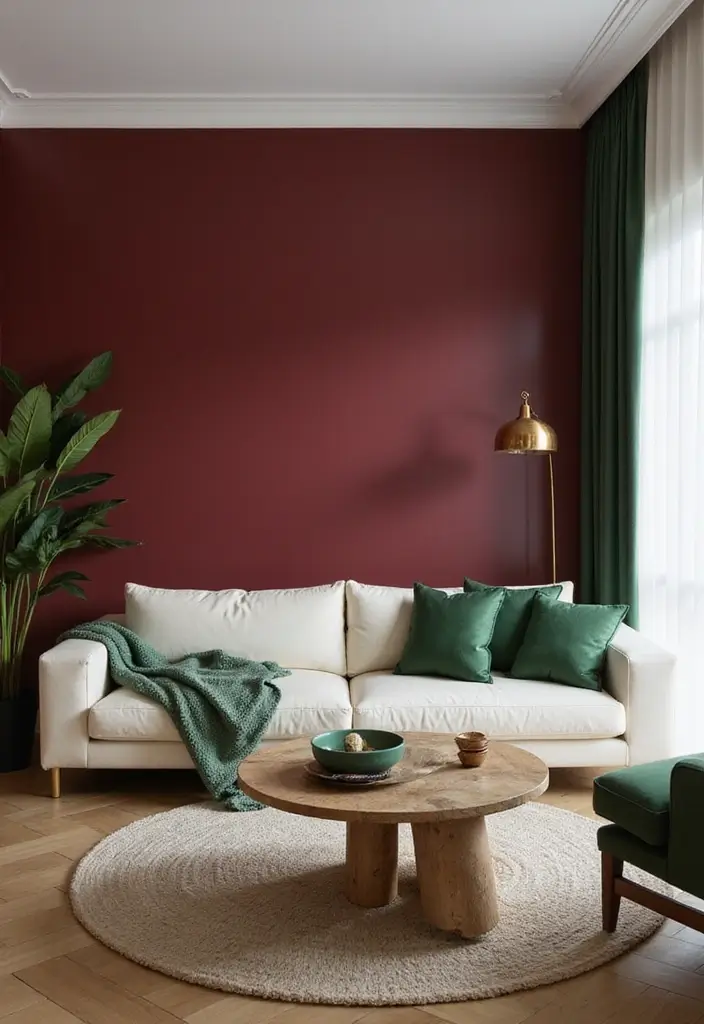 28 Burgundy and Green Living Room Ideas That Feel Rich and Elegant - 1. Bold Burgundy Walls