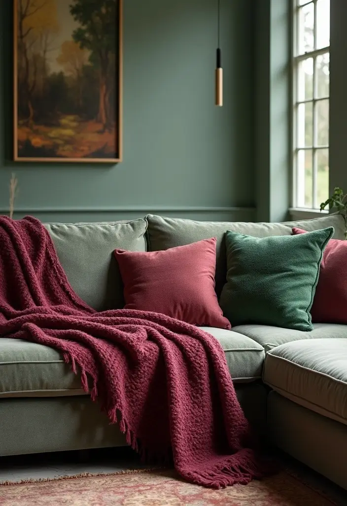 28 Burgundy and Green Living Room Ideas That Feel Rich and Elegant - 10. Layered Throws and Pillows