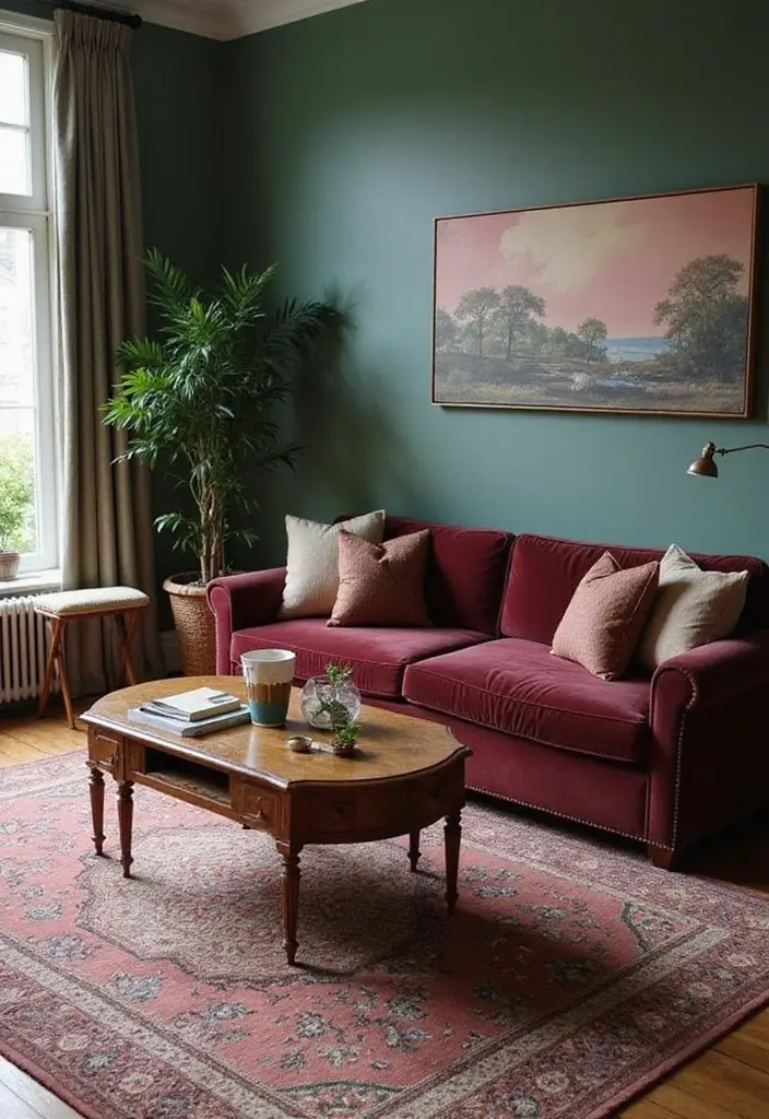 28 Burgundy and Green Living Room Ideas That Feel Rich and Elegant - 11. Vintage-Inspired Coffee Tables