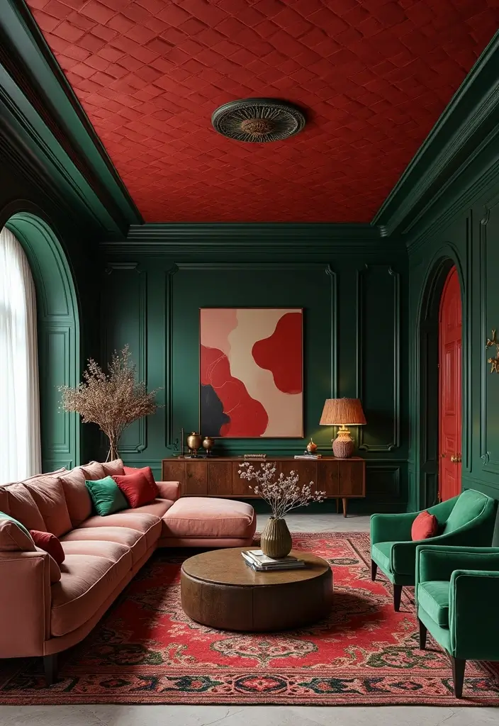 28 Burgundy and Green Living Room Ideas That Feel Rich and Elegant - 12. Dramatic Ceiling Treatments