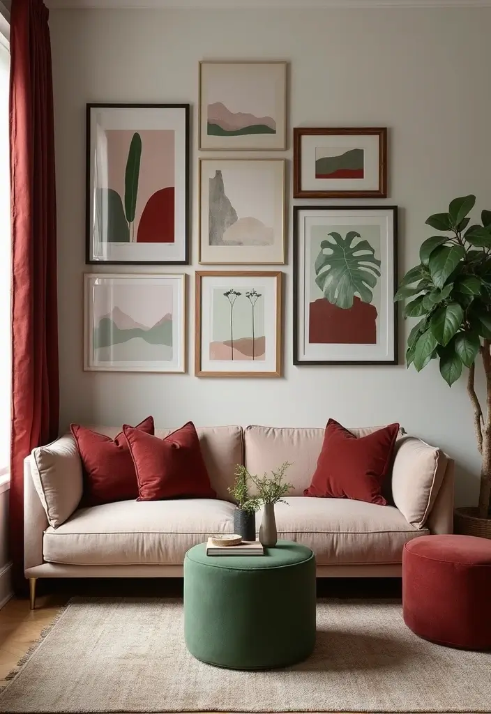 28 Burgundy and Green Living Room Ideas That Feel Rich and Elegant - 13. Eclectic Gallery Wall