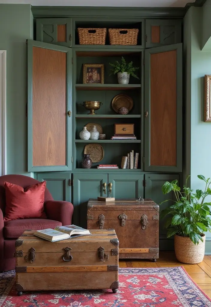 28 Burgundy and Green Living Room Ideas That Feel Rich and Elegant - 14. Functional Storage Solutions