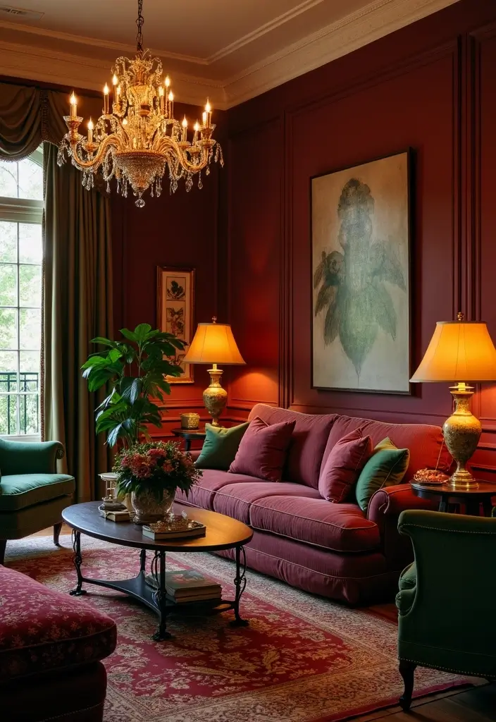 28 Burgundy and Green Living Room Ideas That Feel Rich and Elegant - 15. Layered Lighting Anywhere