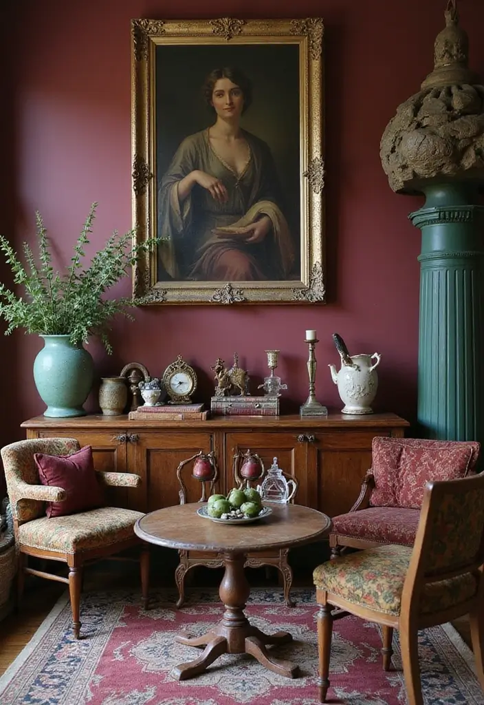 28 Burgundy and Green Living Room Ideas That Feel Rich and Elegant - 16. Vintage Accessories