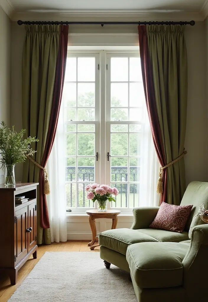 28 Burgundy and Green Living Room Ideas That Feel Rich and Elegant - 17. Elegant Window Treatments