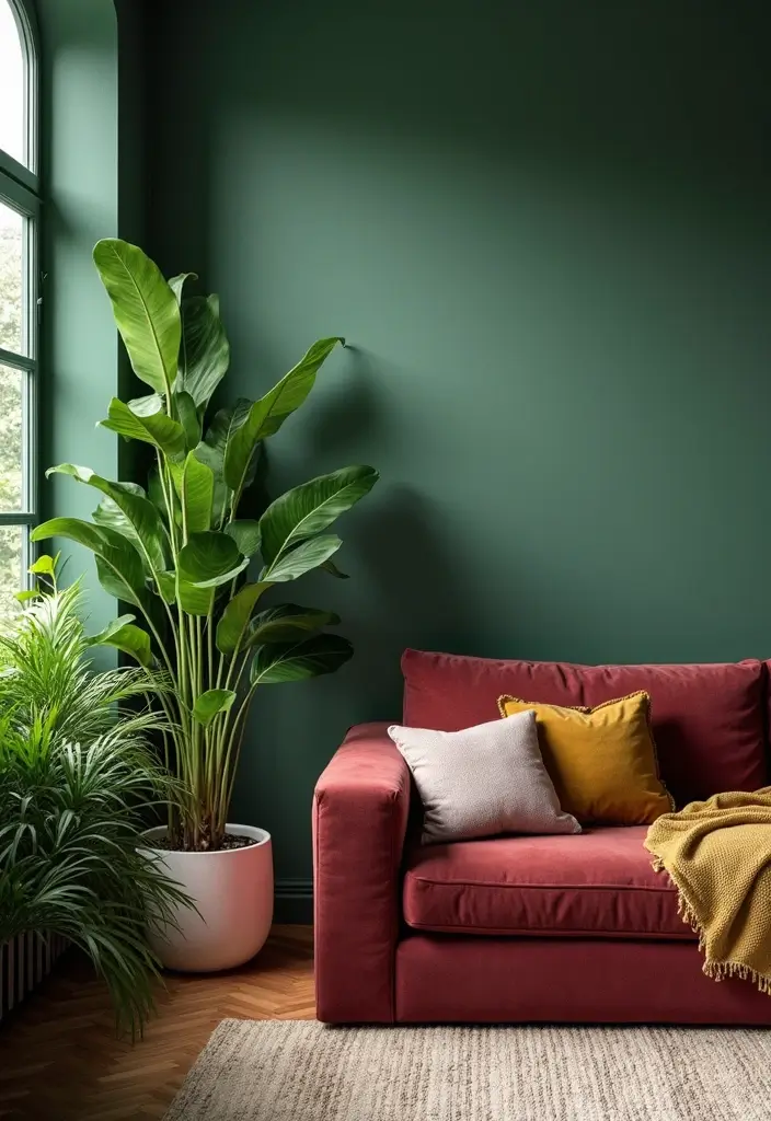 28 Burgundy and Green Living Room Ideas That Feel Rich and Elegant - 18. Indoor Plants