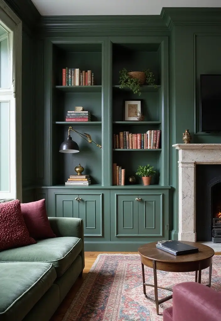 28 Burgundy and Green Living Room Ideas That Feel Rich and Elegant - 19. Custom Built-ins