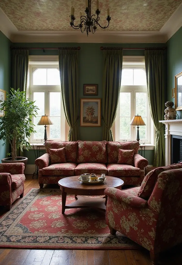 28 Burgundy and Green Living Room Ideas That Feel Rich and Elegant - 2. Vintage Floral Patterns