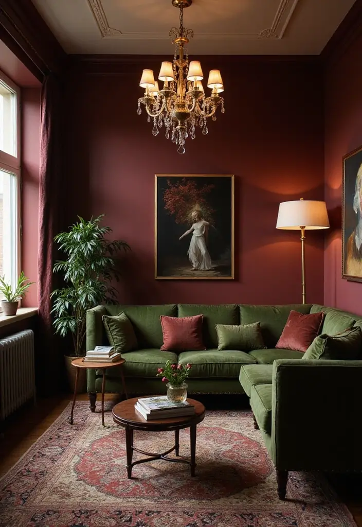 28 Burgundy and Green Living Room Ideas That Feel Rich and Elegant - 21. Statement Lighting