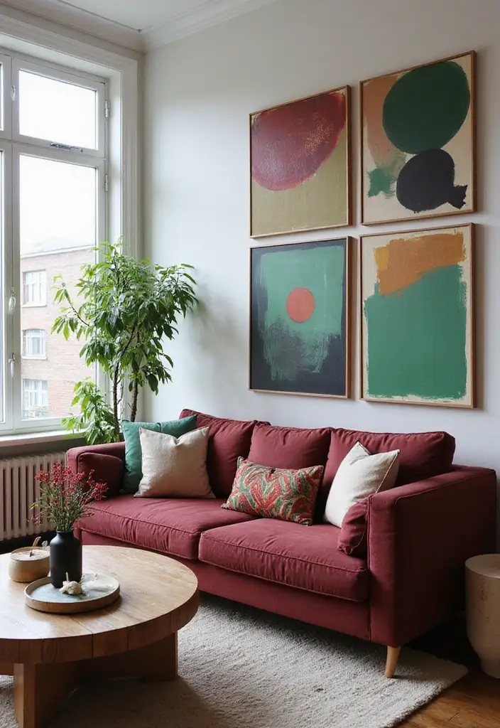 28 Burgundy and Green Living Room Ideas That Feel Rich and Elegant - 22. Custom Art Pieces