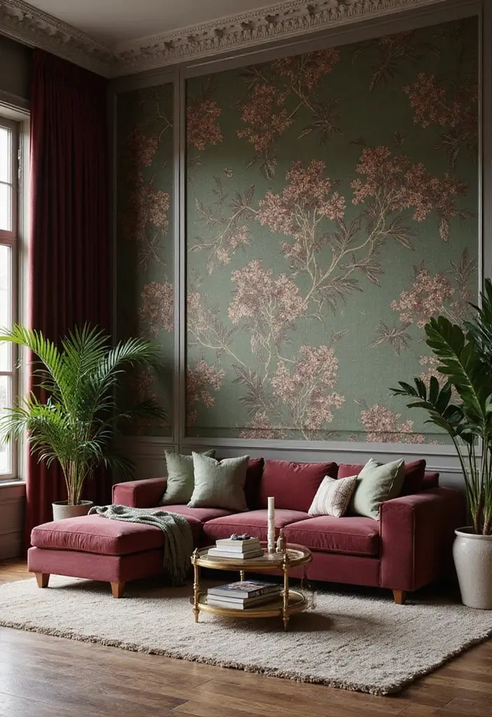 28 Burgundy and Green Living Room Ideas That Feel Rich and Elegant - 23. Accent Walls with Wallpaper