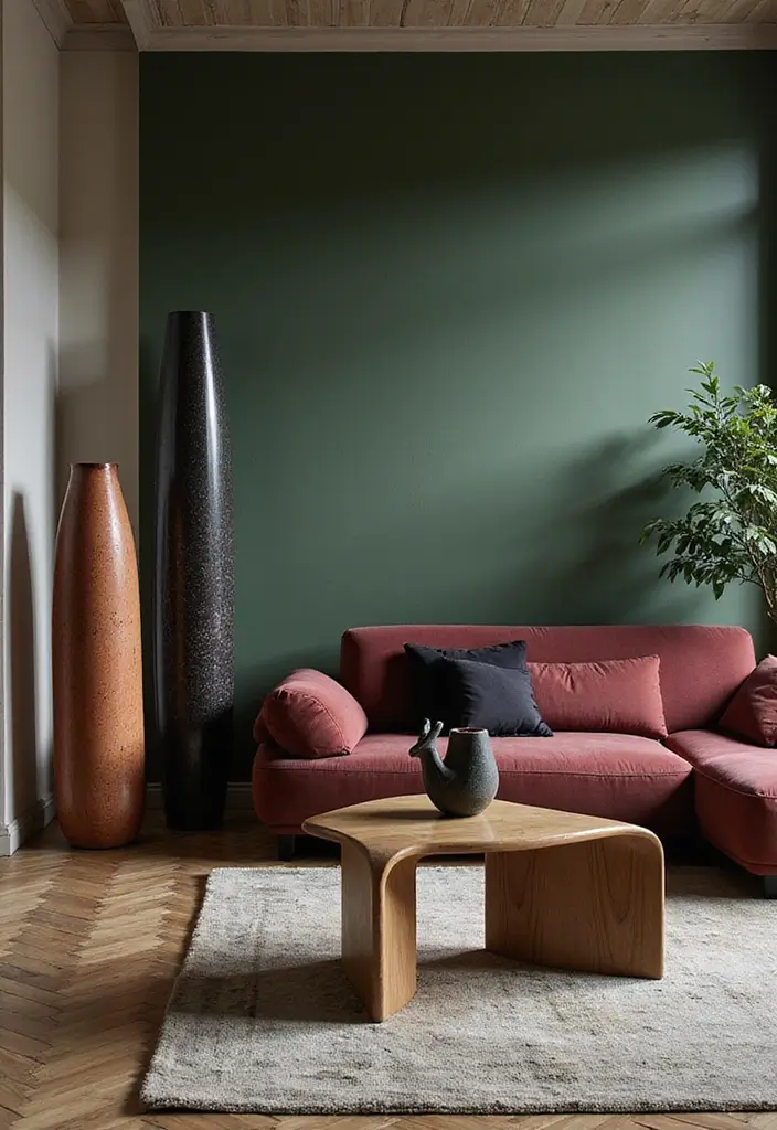 28 Burgundy and Green Living Room Ideas That Feel Rich and Elegant - 24. Modern Artifacts
