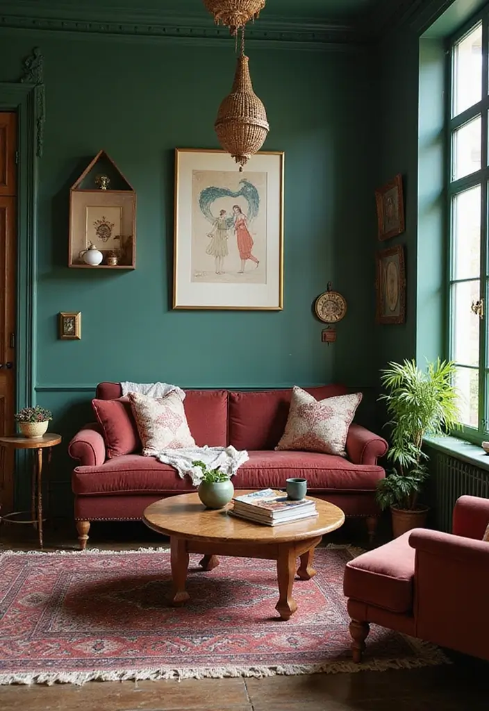 28 Burgundy and Green Living Room Ideas That Feel Rich and Elegant - 27. Combining Styles