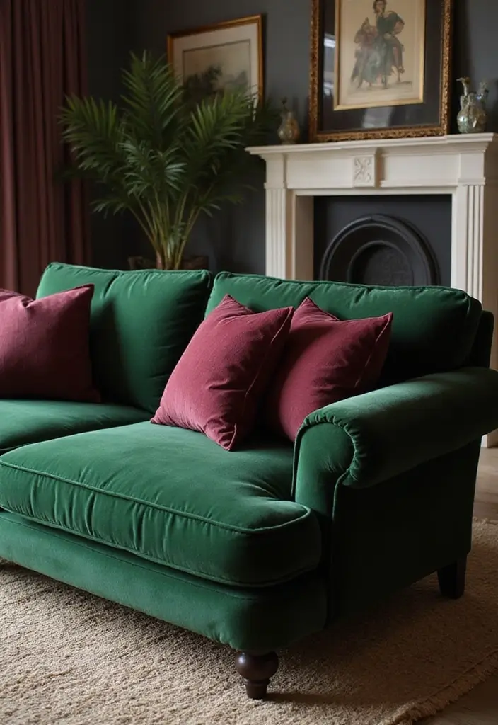 28 Burgundy and Green Living Room Ideas That Feel Rich and Elegant - 3. Luxurious Green Velvet Sofas