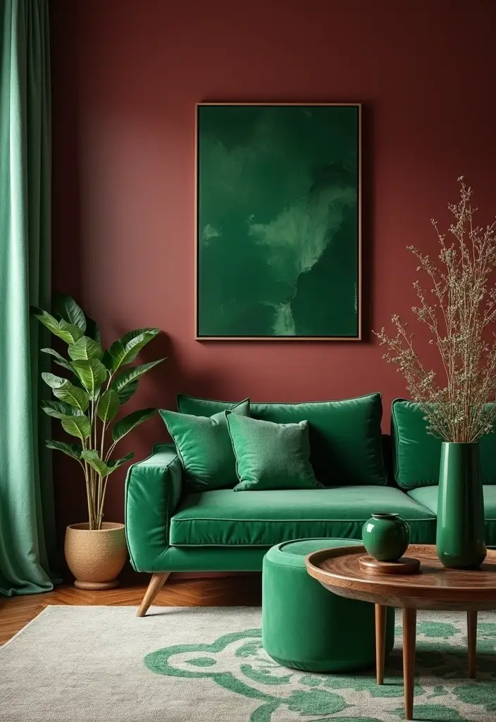 28 Burgundy and Green Living Room Ideas That Feel Rich and Elegant - 5. Elegant Green Accents