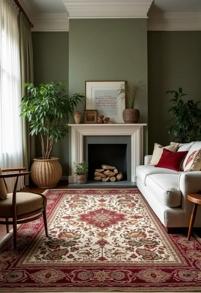 28 Burgundy and Green Living Room Ideas That Feel Rich and Elegant - 6. Statement Area Rugs
