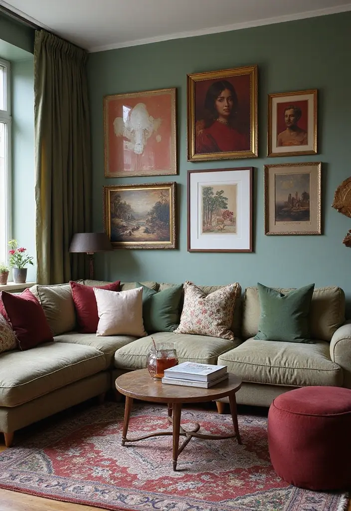 28 Burgundy and Green Living Room Ideas That Feel Rich and Elegant - 7. Artful Wall Decor