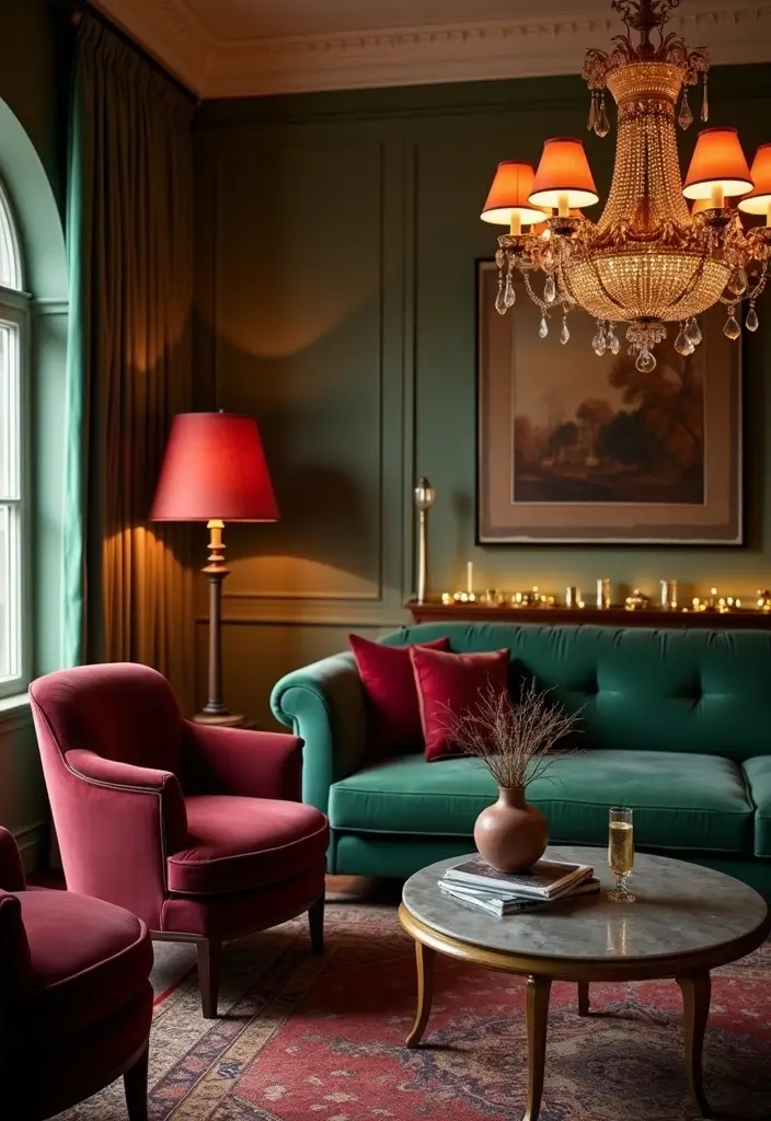 28 Burgundy and Green Living Room Ideas That Feel Rich and Elegant - 8. Elegant Lighting Fixtures