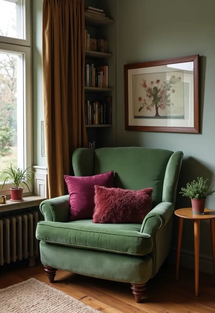 28 Burgundy and Green Living Room Ideas That Feel Rich and Elegant - 9. Cozy Reading Nooks