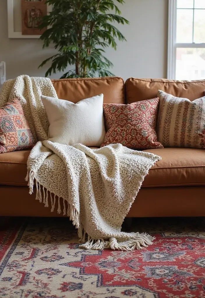28 Cognac Couch Living Room Ideas That Feel Warm and Modern - 1. Layered Textiles for Cozy Vibes