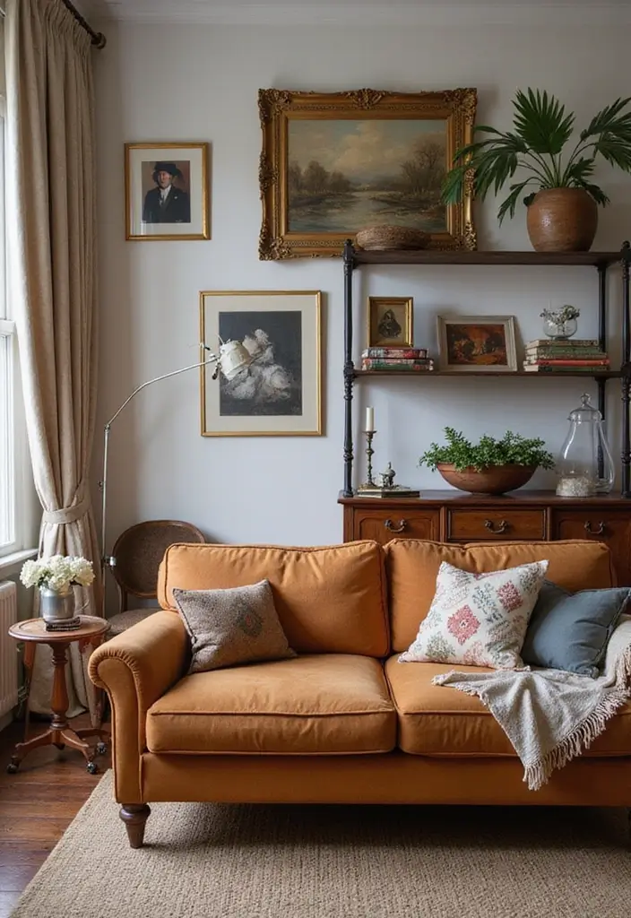 28 Cognac Couch Living Room Ideas That Feel Warm and Modern - 10. Vintage Finds and Antiques