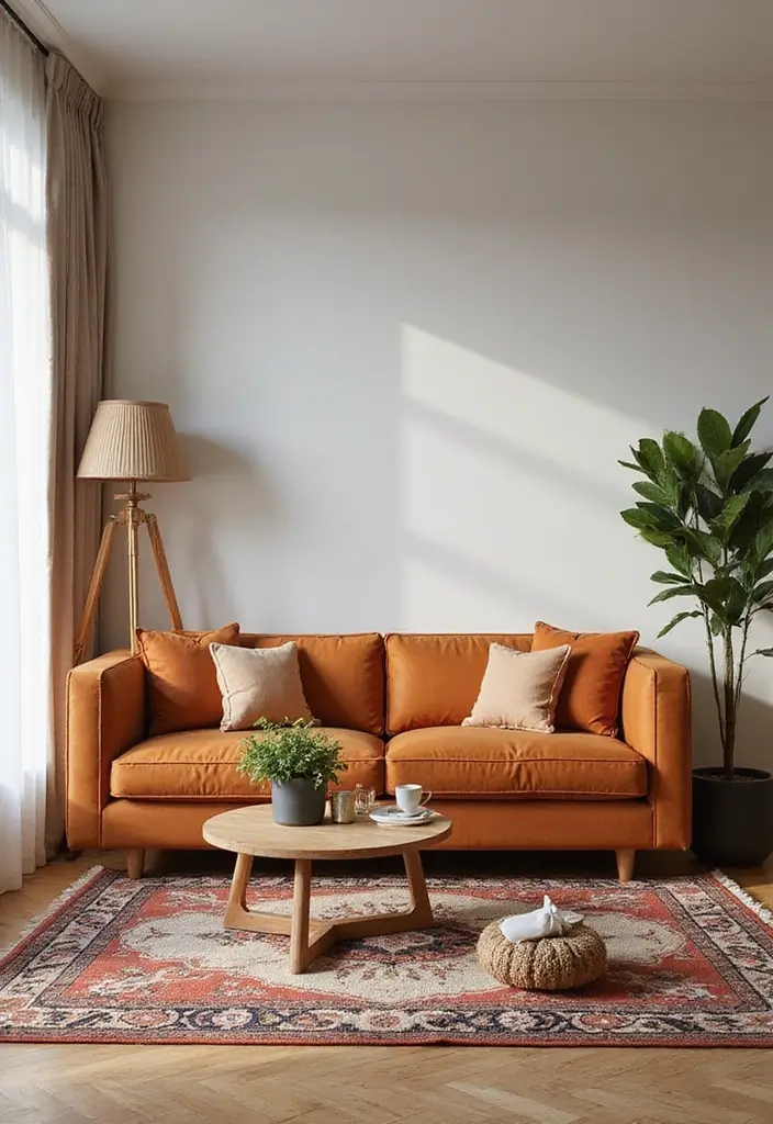 28 Cognac Couch Living Room Ideas That Feel Warm and Modern - 11. Colorful Area Rugs