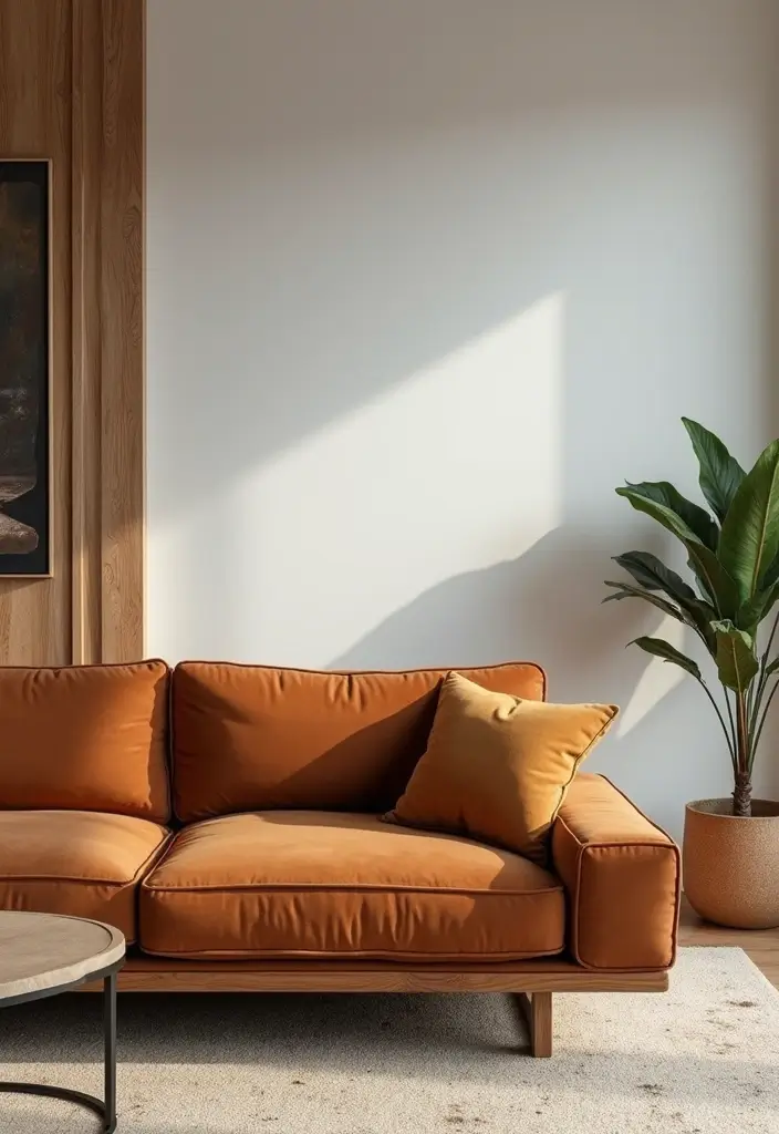 28 Cognac Couch Living Room Ideas That Feel Warm and Modern - 12. Mixing Modern with Rustic