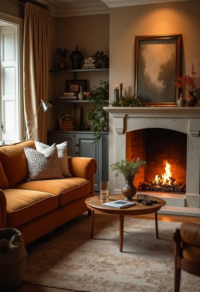 28 Cognac Couch Living Room Ideas That Feel Warm and Modern - 15. Cozy Fireplaces