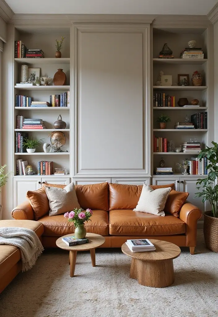 28 Cognac Couch Living Room Ideas That Feel Warm and Modern - 16. Custom Built-Ins