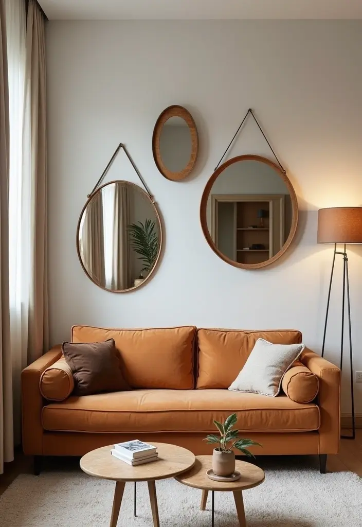 28 Cognac Couch Living Room Ideas That Feel Warm and Modern - 17. Decorative Wall Mirrors