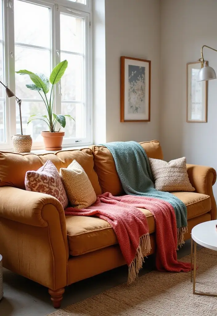 28 Cognac Couch Living Room Ideas That Feel Warm and Modern - 18. Colorful Throw Blankets