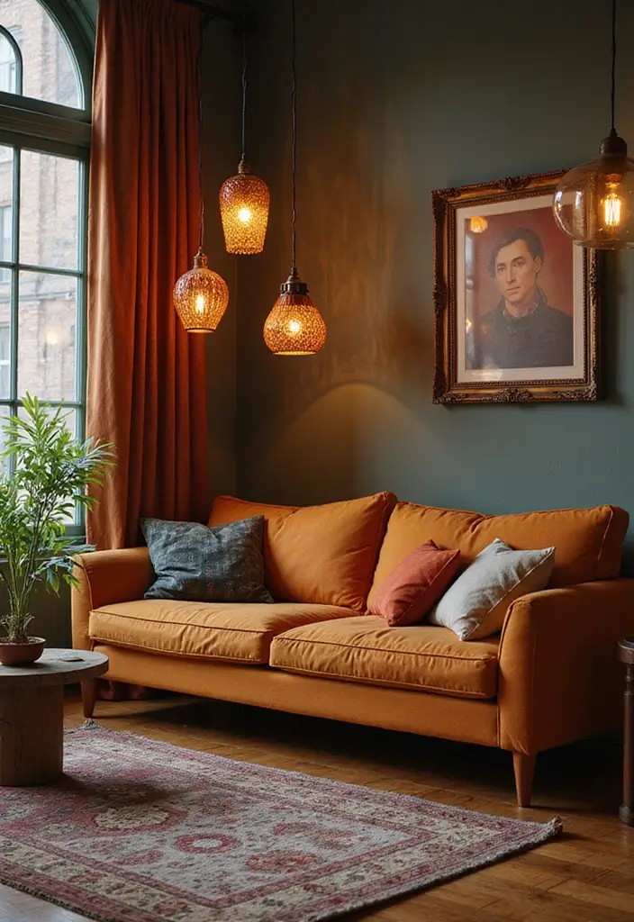 28 Cognac Couch Living Room Ideas That Feel Warm and Modern - 19. Eclectic Lighting Fixtures