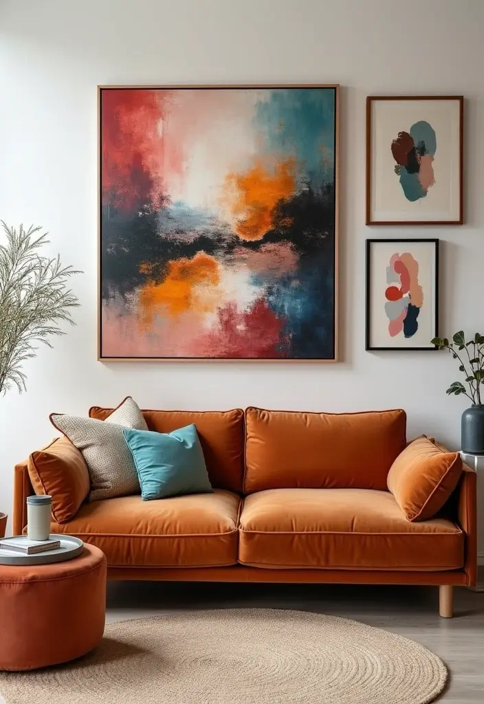 28 Cognac Couch Living Room Ideas That Feel Warm and Modern - 2. Statement Art Pieces
