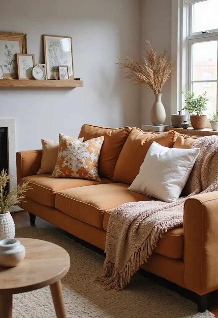 28 Cognac Couch Living Room Ideas That Feel Warm and Modern - 21. Seasonal Decor Changes