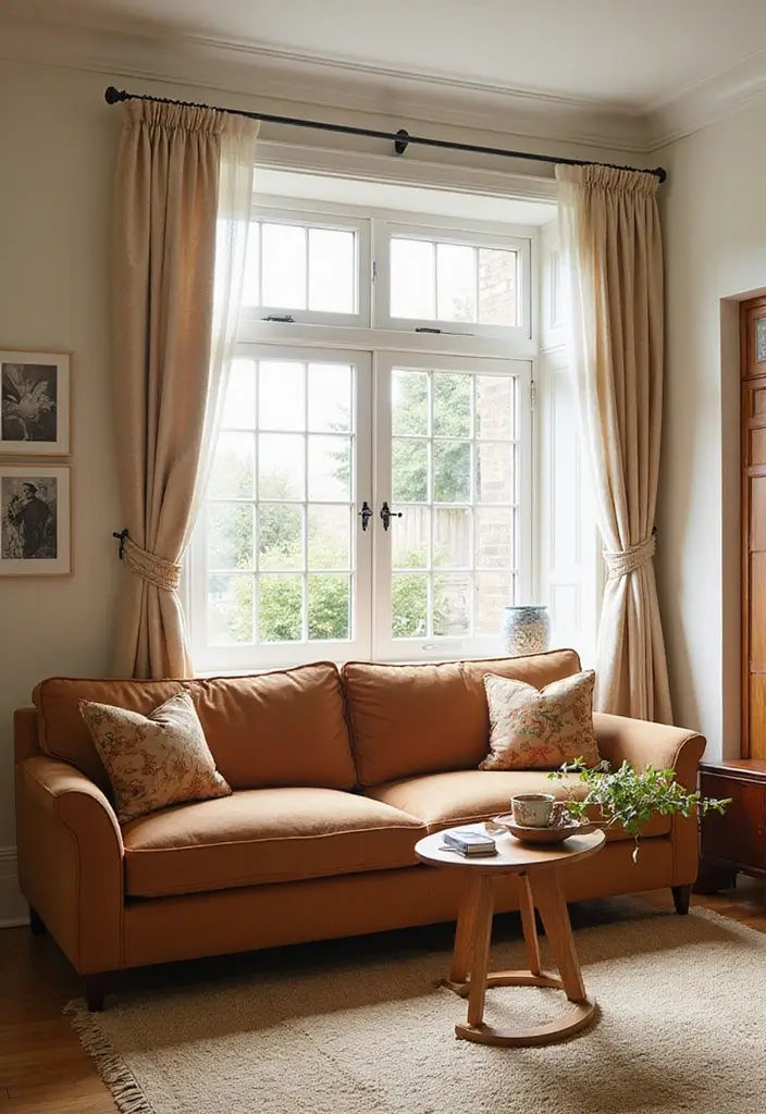 28 Cognac Couch Living Room Ideas That Feel Warm and Modern - 23. Creative Window Treatments