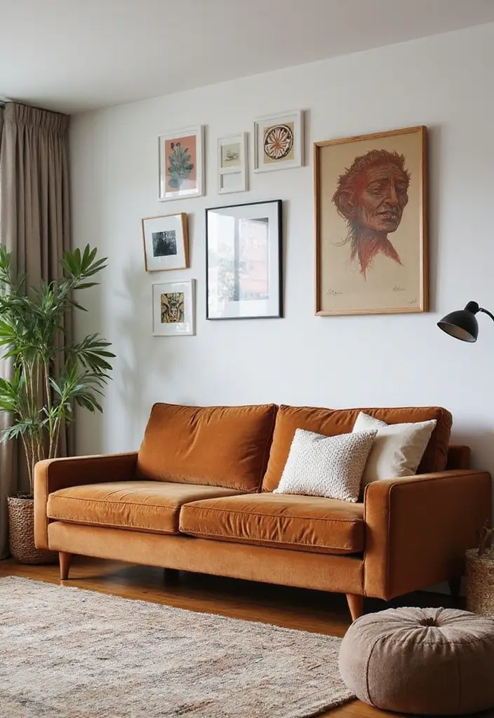 28 Cognac Couch Living Room Ideas That Feel Warm and Modern - 24. Artistic Accessories