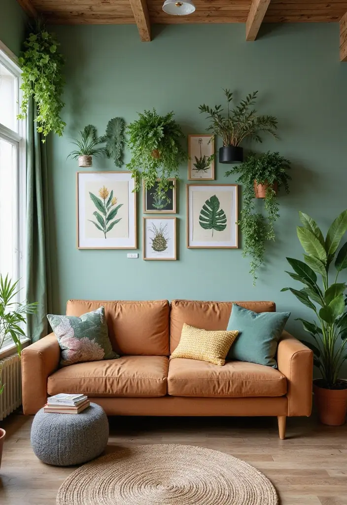 28 Cognac Couch Living Room Ideas That Feel Warm and Modern - 26. Stylish Green Wall Décor