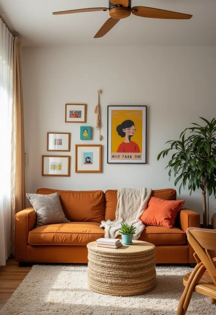 28 Cognac Couch Living Room Ideas That Feel Warm and Modern - 27. Whimsical Decor Elements