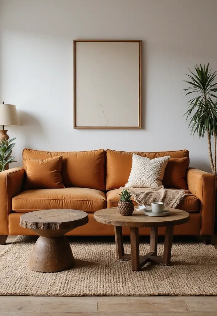 28 Cognac Couch Living Room Ideas That Feel Warm and Modern - 28. Rustic Coffee and Side Tables