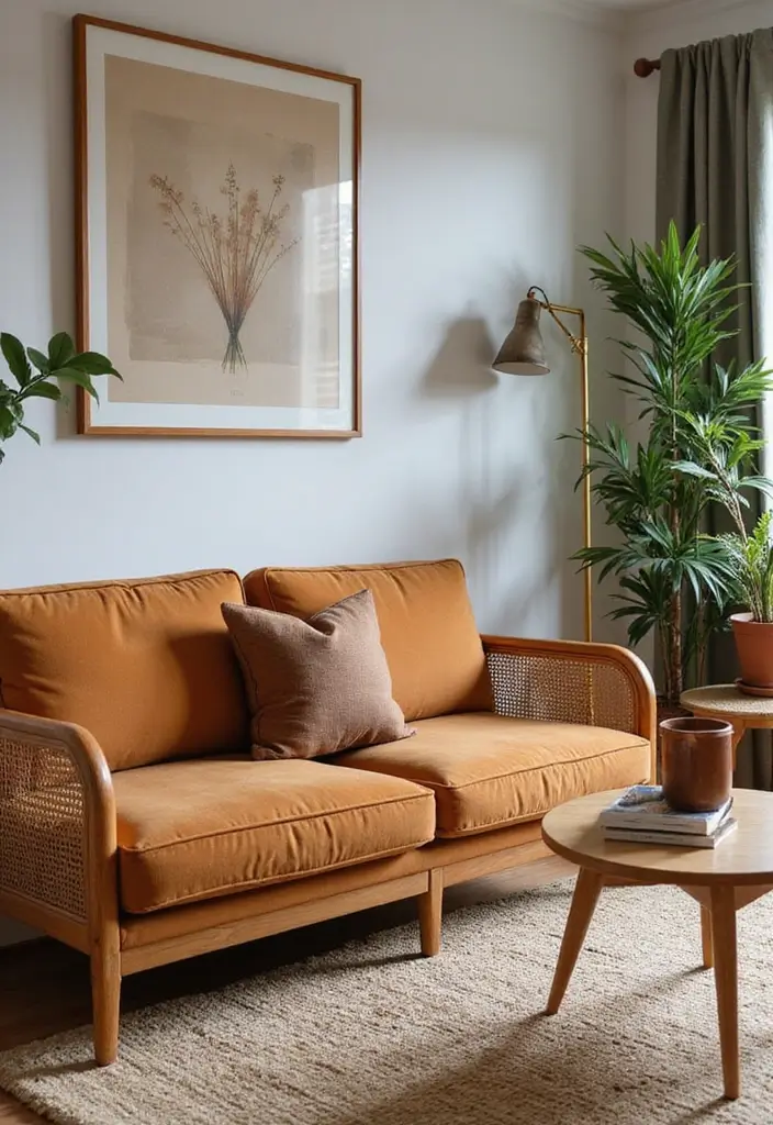 28 Cognac Couch Living Room Ideas That Feel Warm and Modern - 3. Earthy Accents with Natural Materials