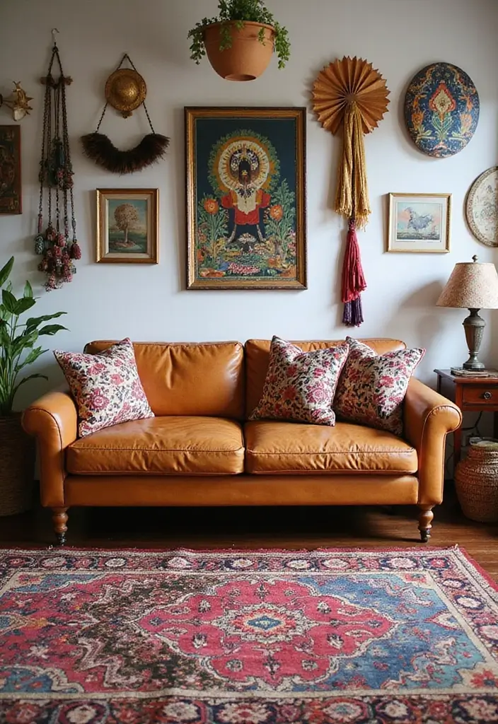 28 Cognac Couch Living Room Ideas That Feel Warm and Modern - 4. Playful Patterns with a Boho Twist